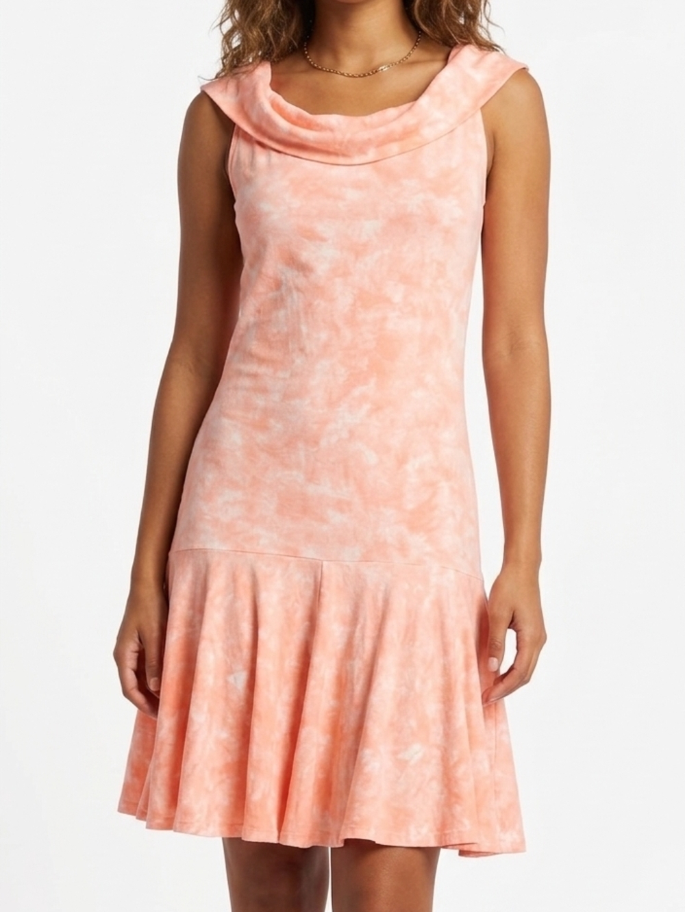 Jenifer V. Sleeveless Cowl Neck Pinkish Coral Tie-Dye Dress Small